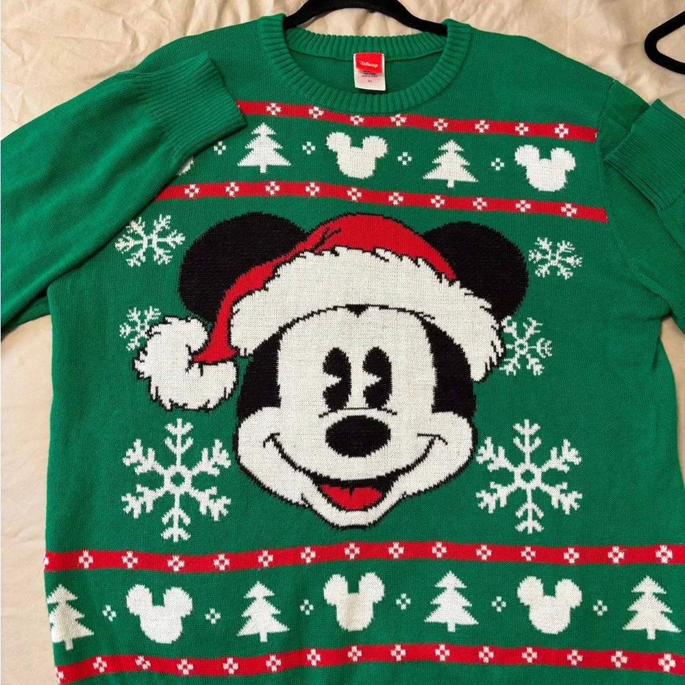 Disney Green Holiday Mickey Mouse Crewneck Sweater with Red Accents